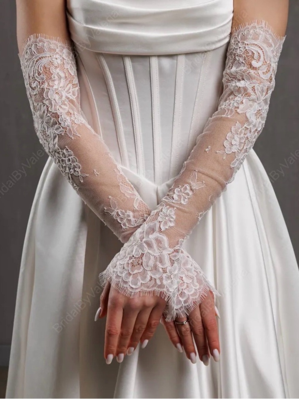 BRAND NEW White Lace Long Bridal Sleeves with Eyelash Trim